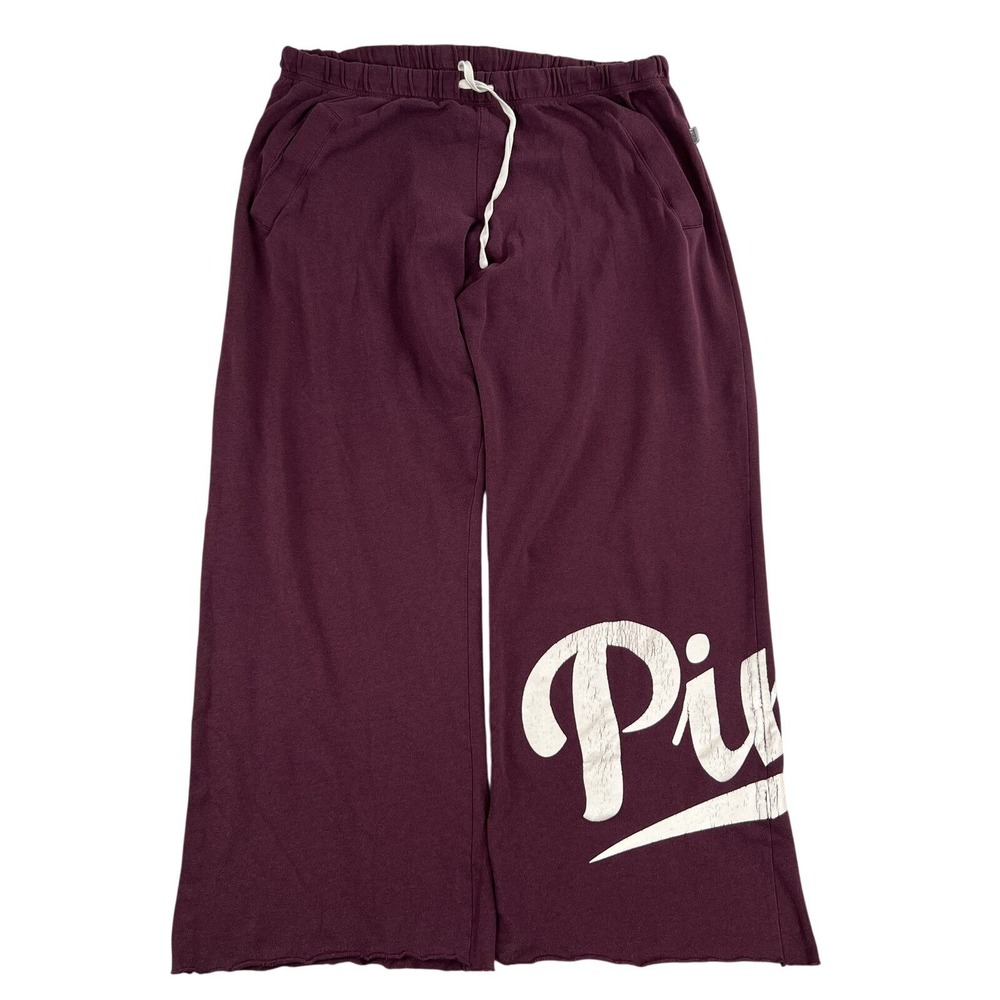 PINK Victorias Secret Wide Leg Baggy Sweatpants L Burgundy Lounge Y2K Raw Hem